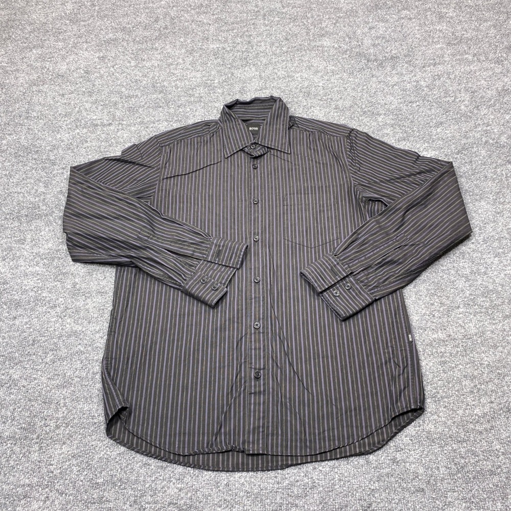 Hugo Boss Shirt Mens Medium Black Purple Striped Long Sleeve Button Up Pocket